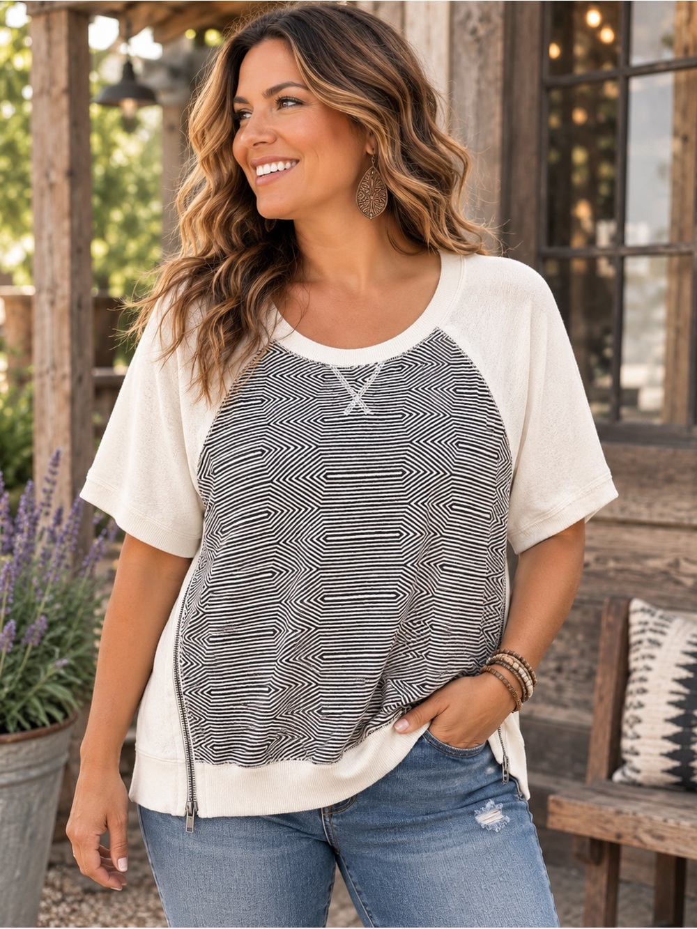 Halogen Geometric Short Sleeve Sweatshirt Top – Size Large - Zippers Nordstrom